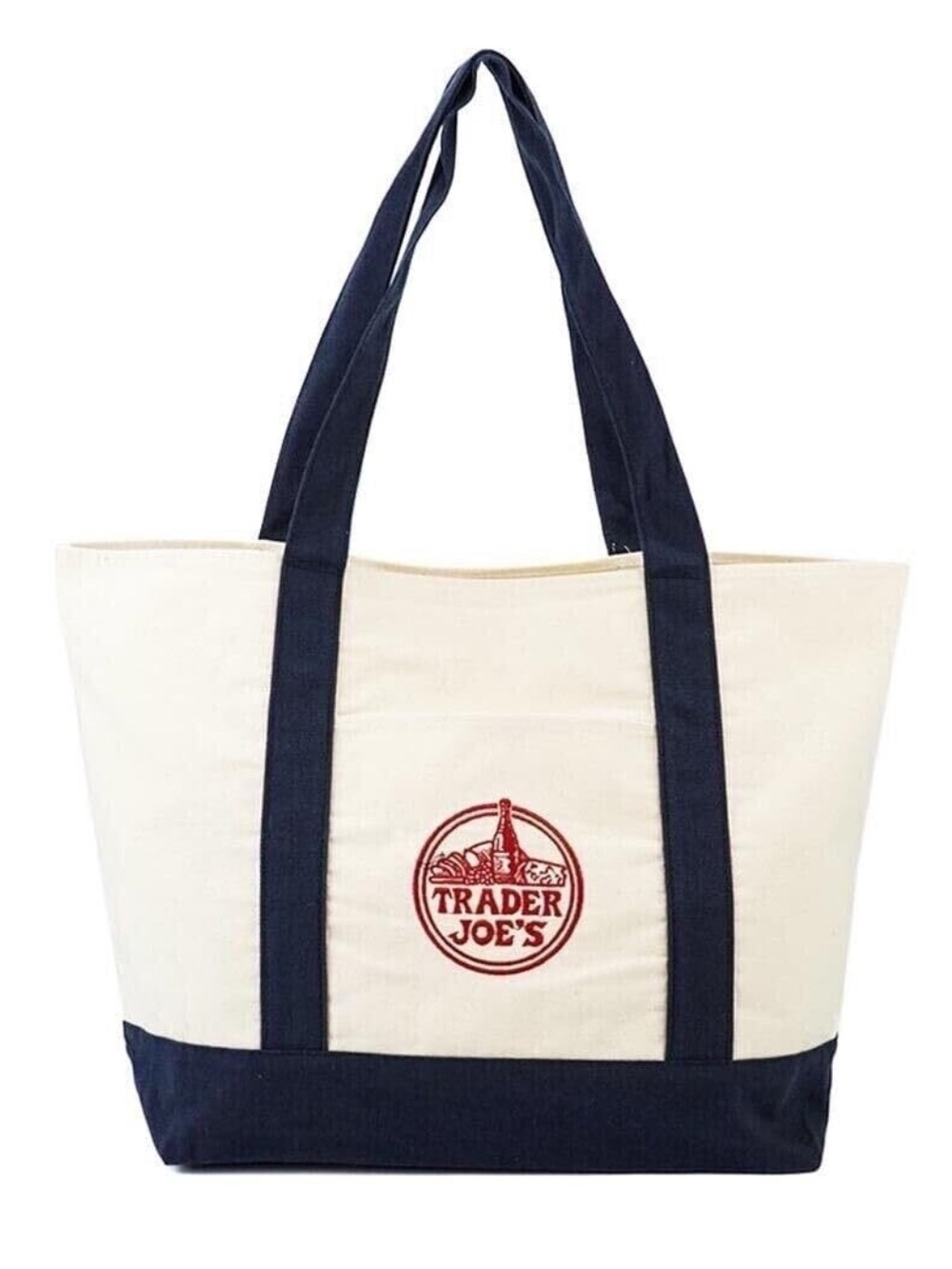 Trader Joe’s Reusable Tote Bag - Navy Blue & Cream Canvas Full Size Embroidered
